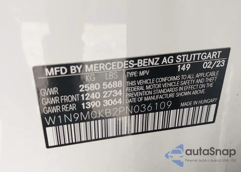 2023 Mercedes-Benz Eqb Eqb 300 из США, поврежденный, VIN W1N9M0KB2PN036109